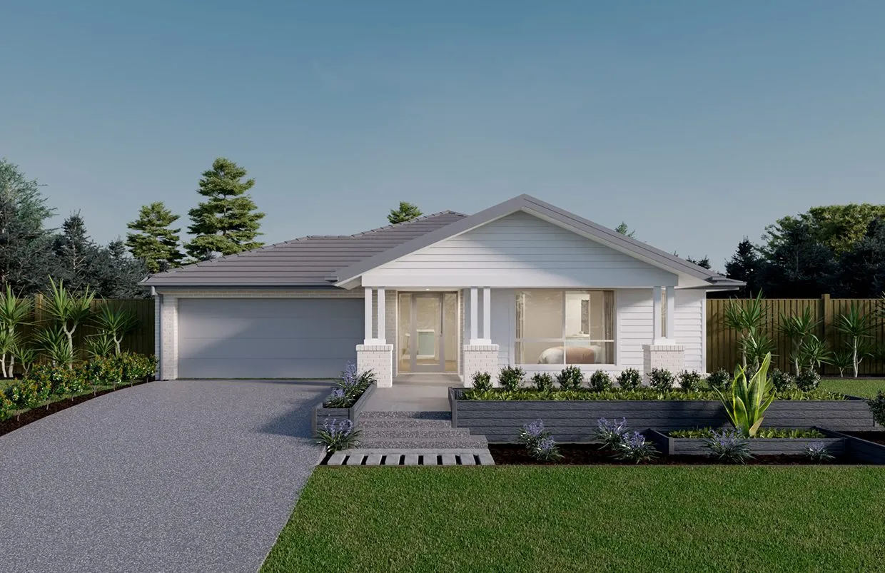 A new single-storey Australian home with a double garage and front garden